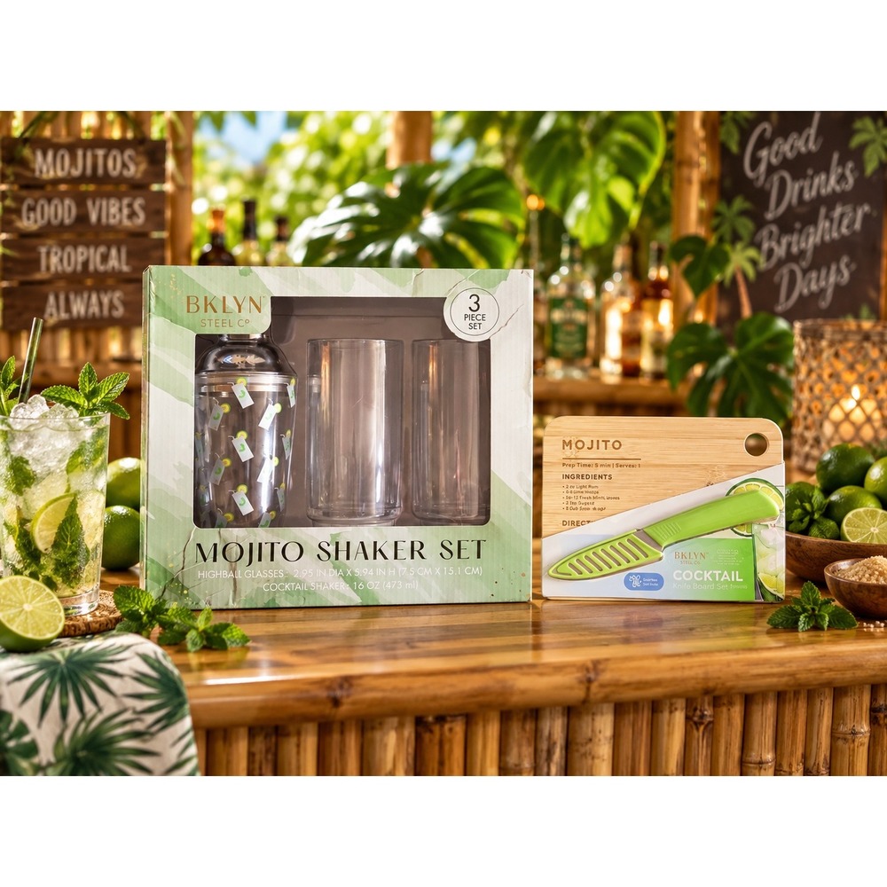 BKLYN Steel Co Mojito Shaker Set Highball Glasses & Cocktail Knife Board Bundle